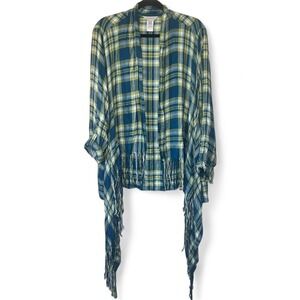 Multiples Women's Plaid Kimono Cardigan Open Front Fringe Tie Sleeve L/XL